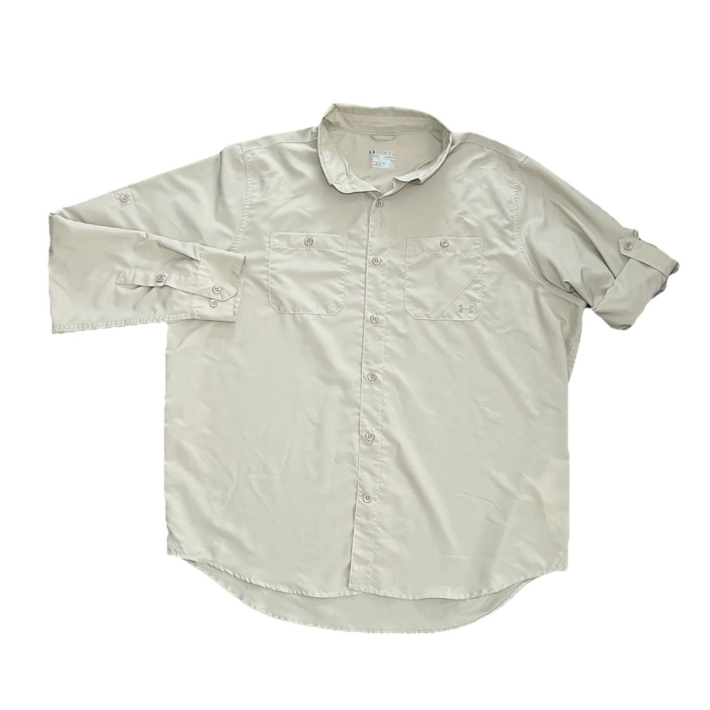 Under Armour Shirt Mens XL Tan HeatGear Fishing Vented Button Up Loose Fit Sport